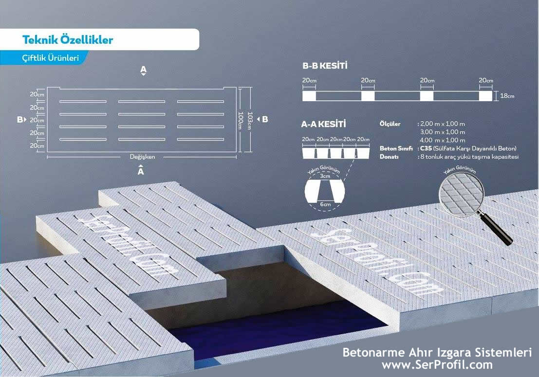 100x200 cm Ahır Beton Izgarası Teknik Kesit & Ölçüler